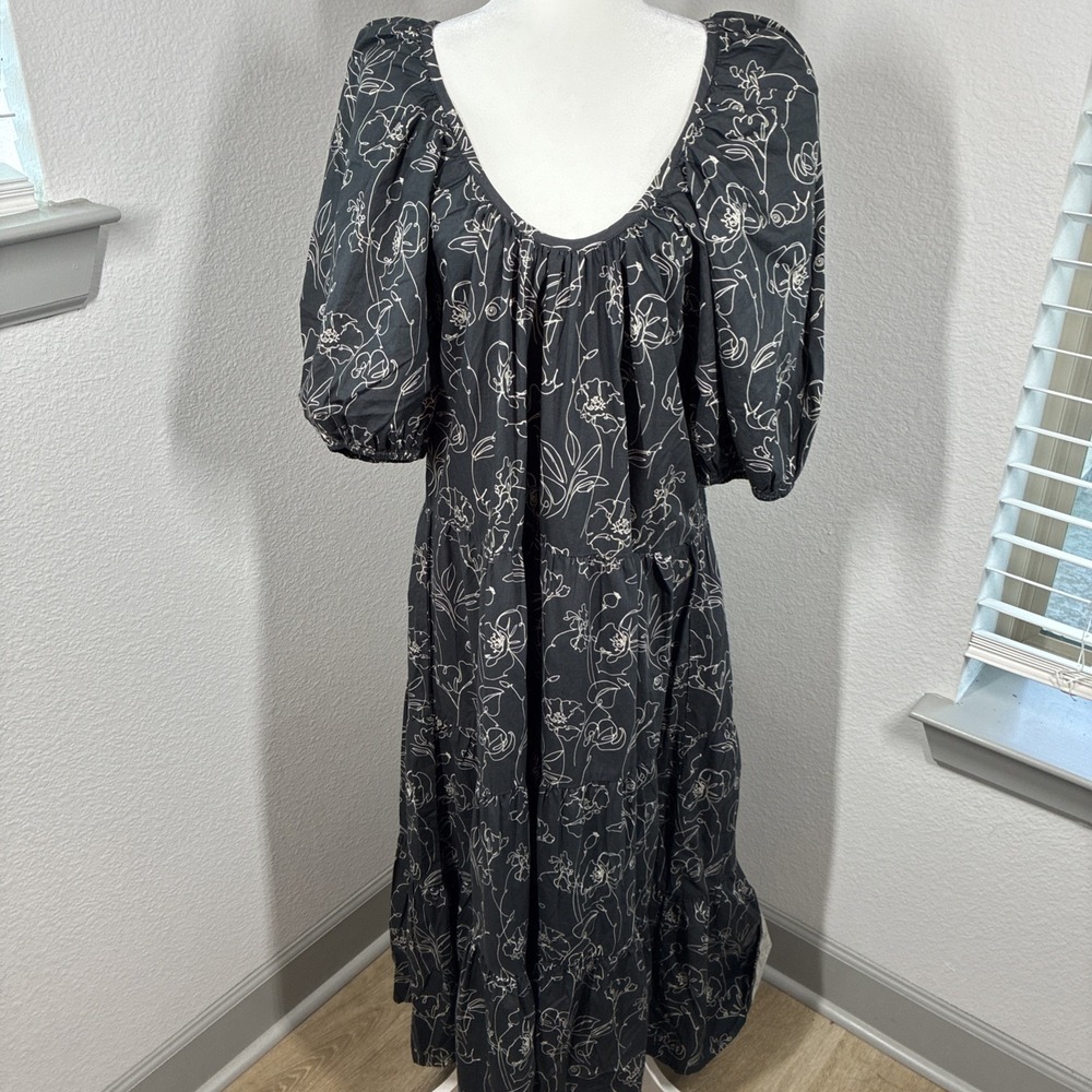 World Market Black Floral Puff Sleeve Maxi Cotton Dress S/M Prairie Boho Cottage